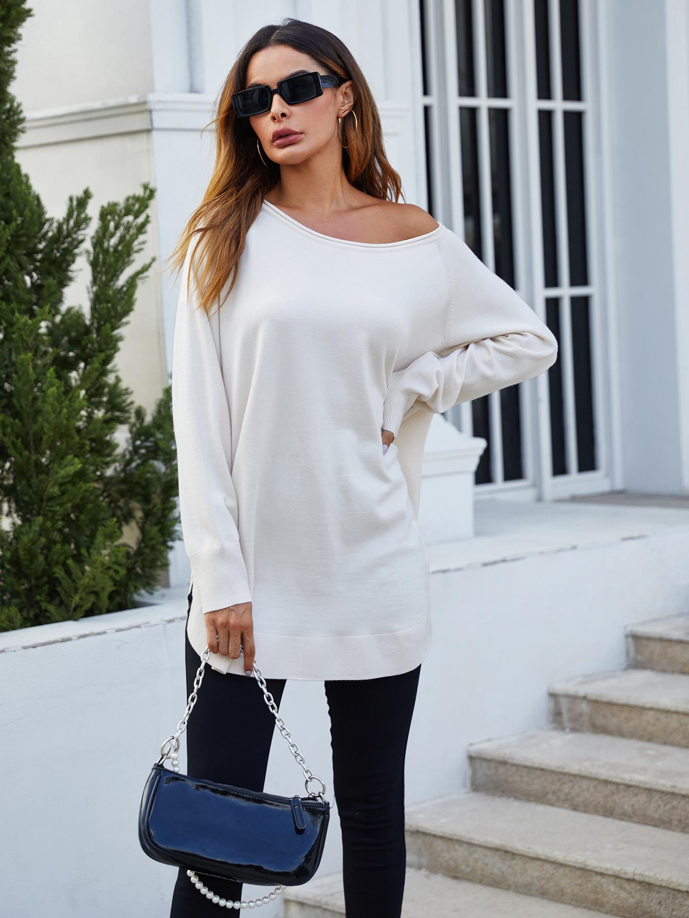 Oversize Knitted Jumper Top In Ecru - AXON