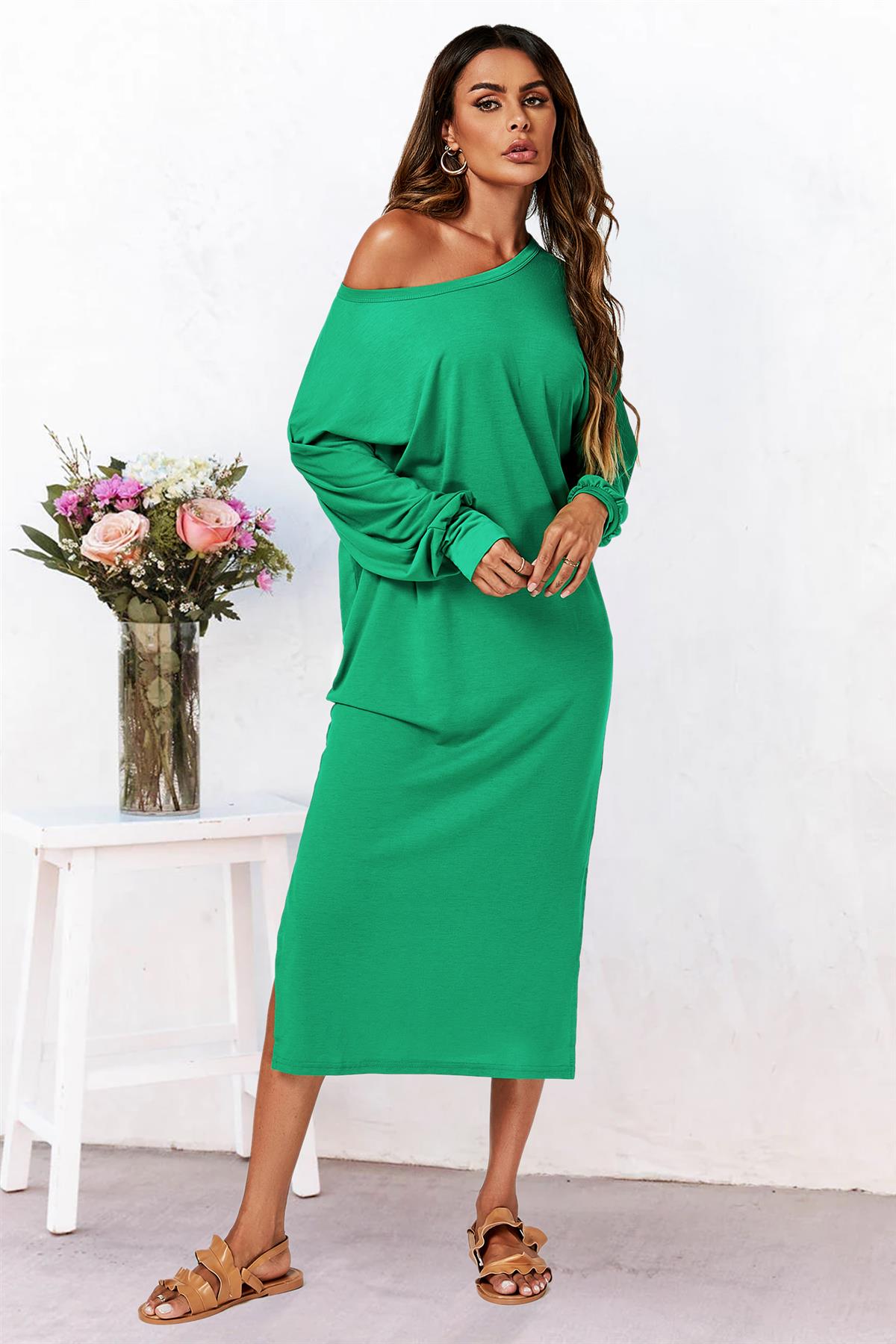 Oversized Midaxi Long Sleeve Slit Jersey Dress In Green - AXON