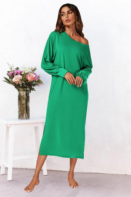 Oversized Midaxi Long Sleeve Slit Jersey Dress In Green - AXON