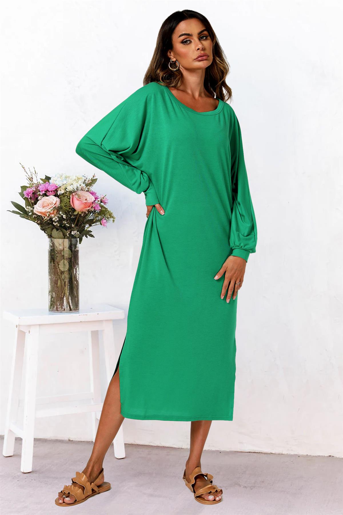 Oversized Midaxi Long Sleeve Slit Jersey Dress In Green - AXON