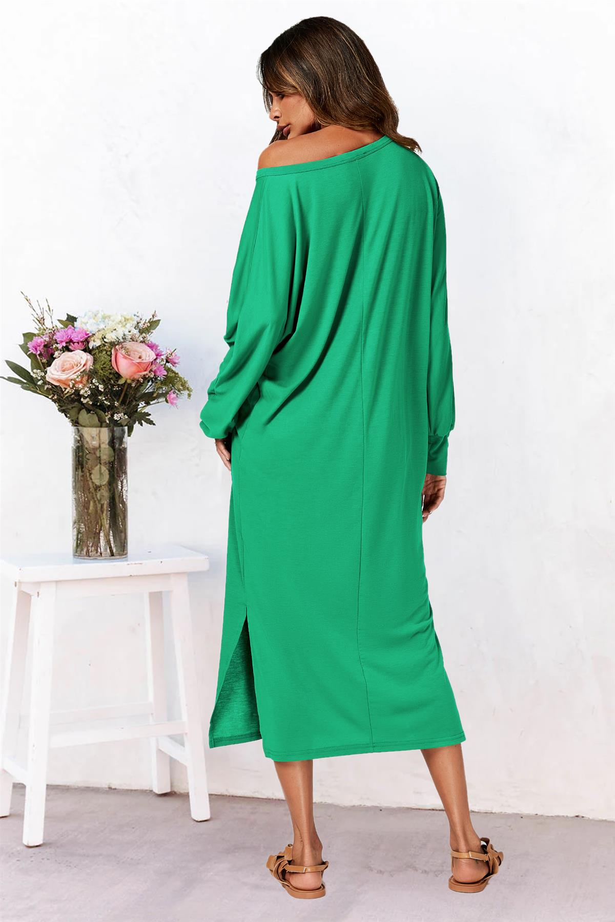 Oversized Midaxi Long Sleeve Slit Jersey Dress In Green - AXON