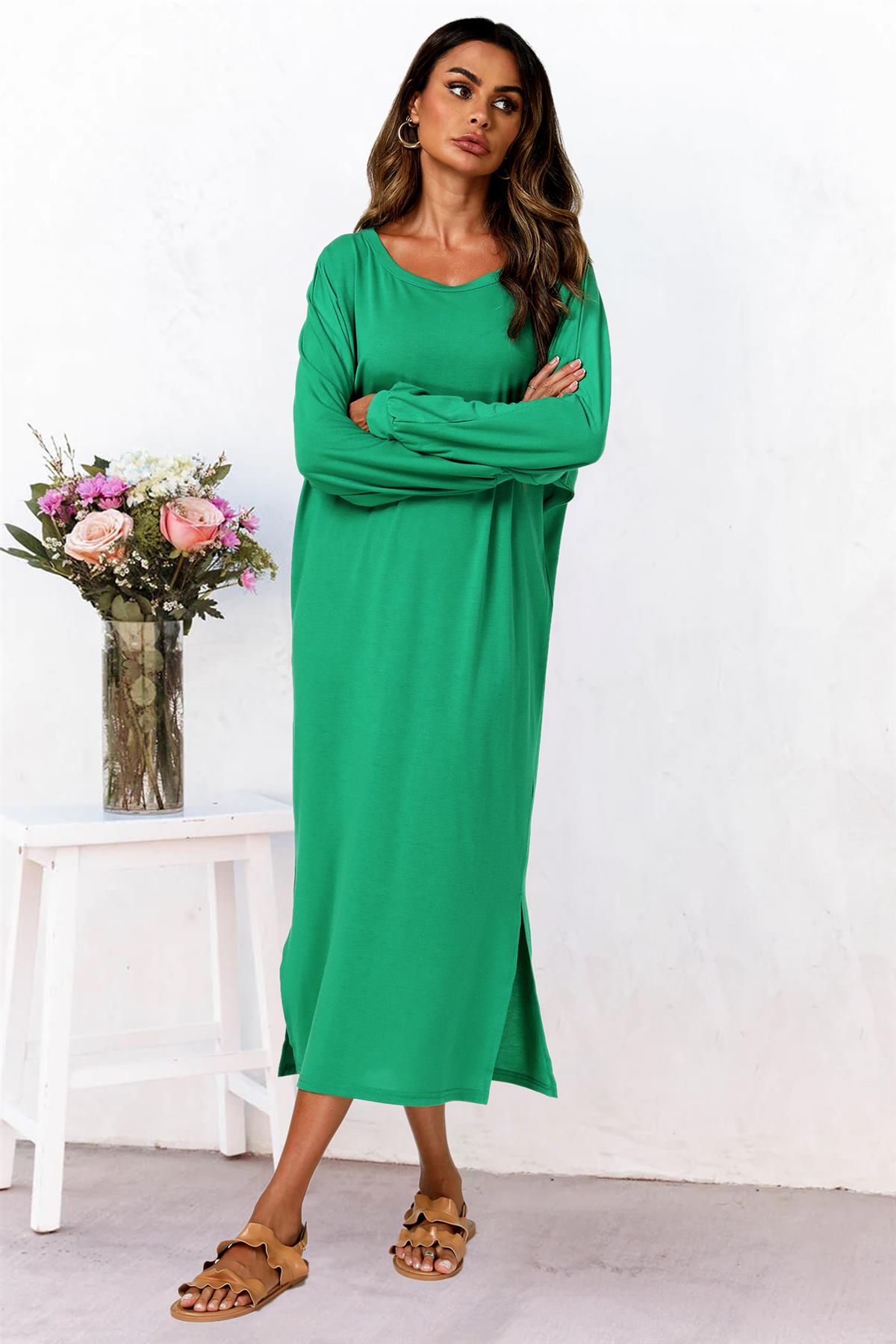 Oversized Midaxi Long Sleeve Slit Jersey Dress In Green - AXON