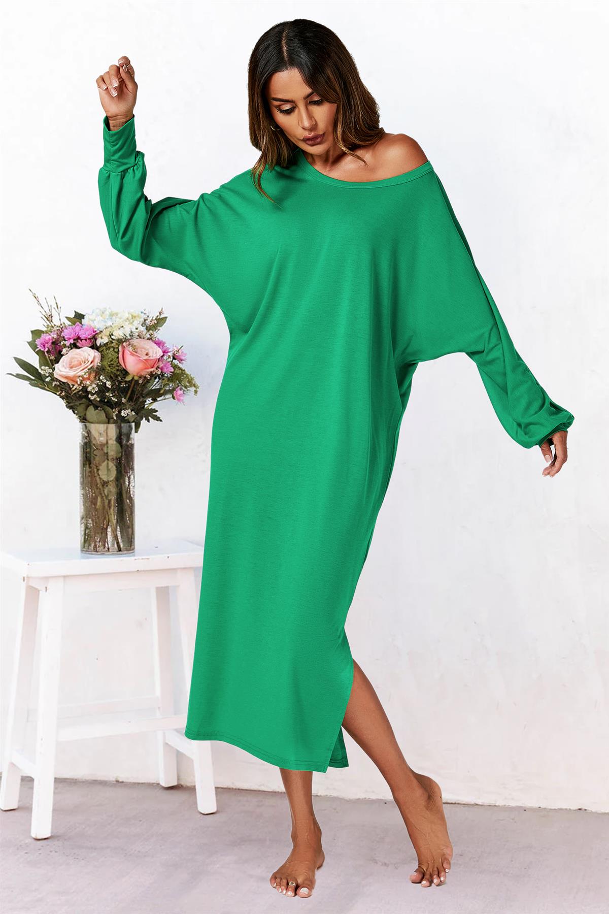 Oversized Midaxi Long Sleeve Slit Jersey Dress In Green - AXON