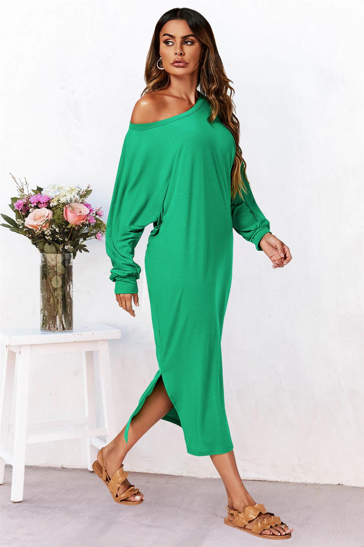 Oversized Midaxi Long Sleeve Slit Jersey Dress In Green - AXON