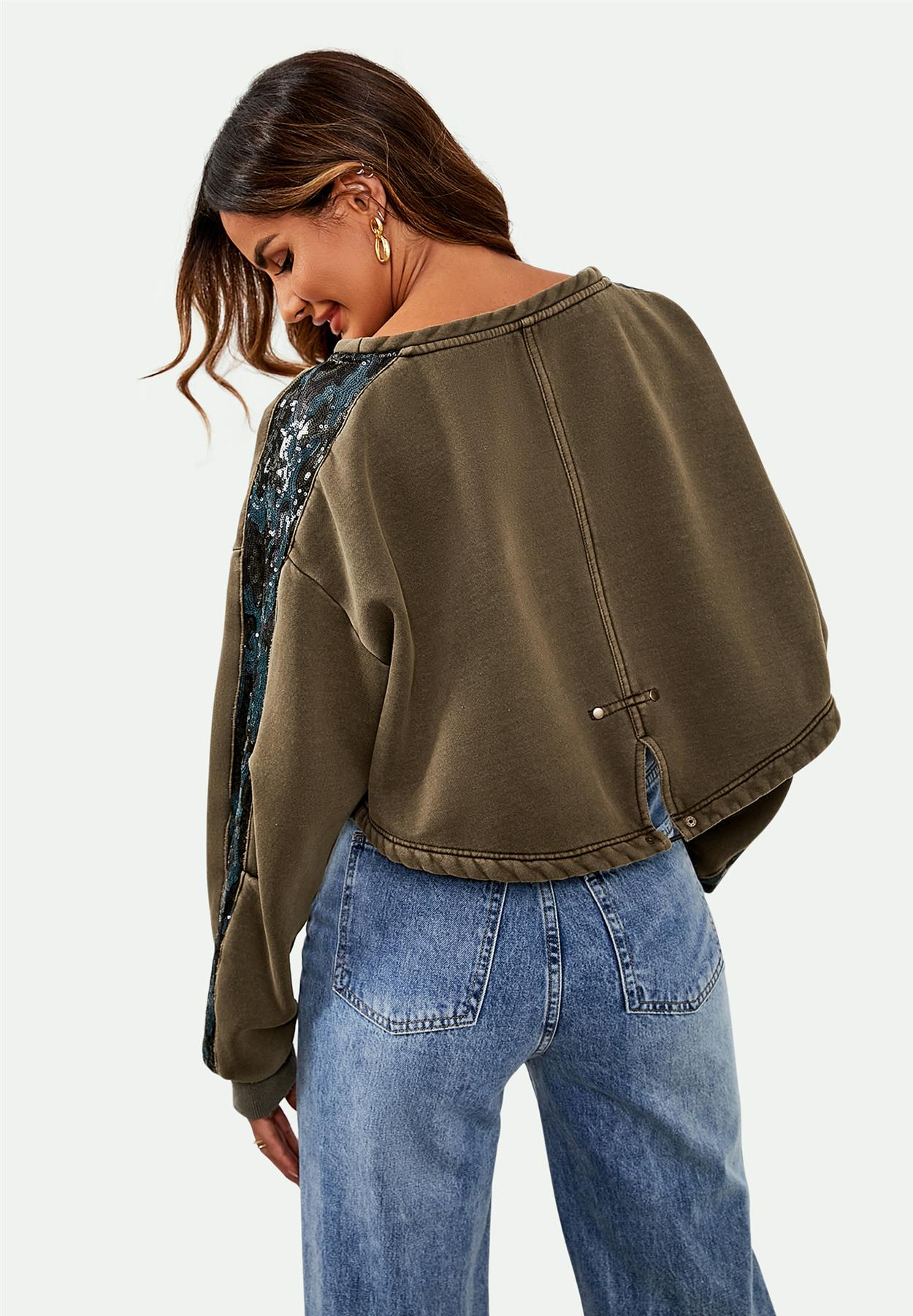Oversized Sequin Detail Cropped Sweatshirt In Khaki - AXON