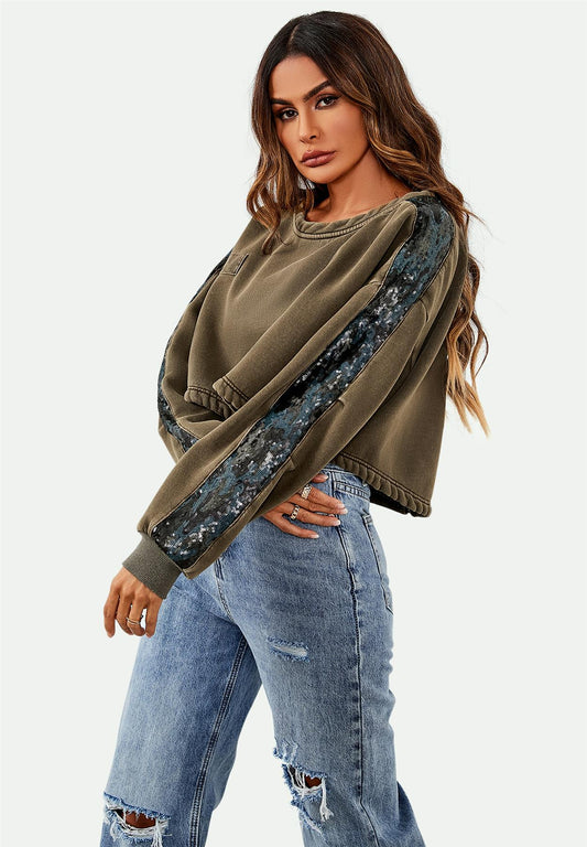 Oversized Sequin Detail Cropped Sweatshirt In Khaki - AXON