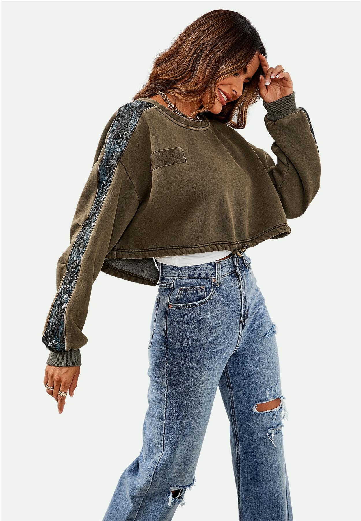 Oversized Sequin Detail Cropped Sweatshirt In Khaki - AXON