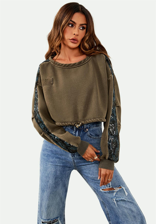 Oversized Sequin Detail Cropped Sweatshirt In Khaki - AXON