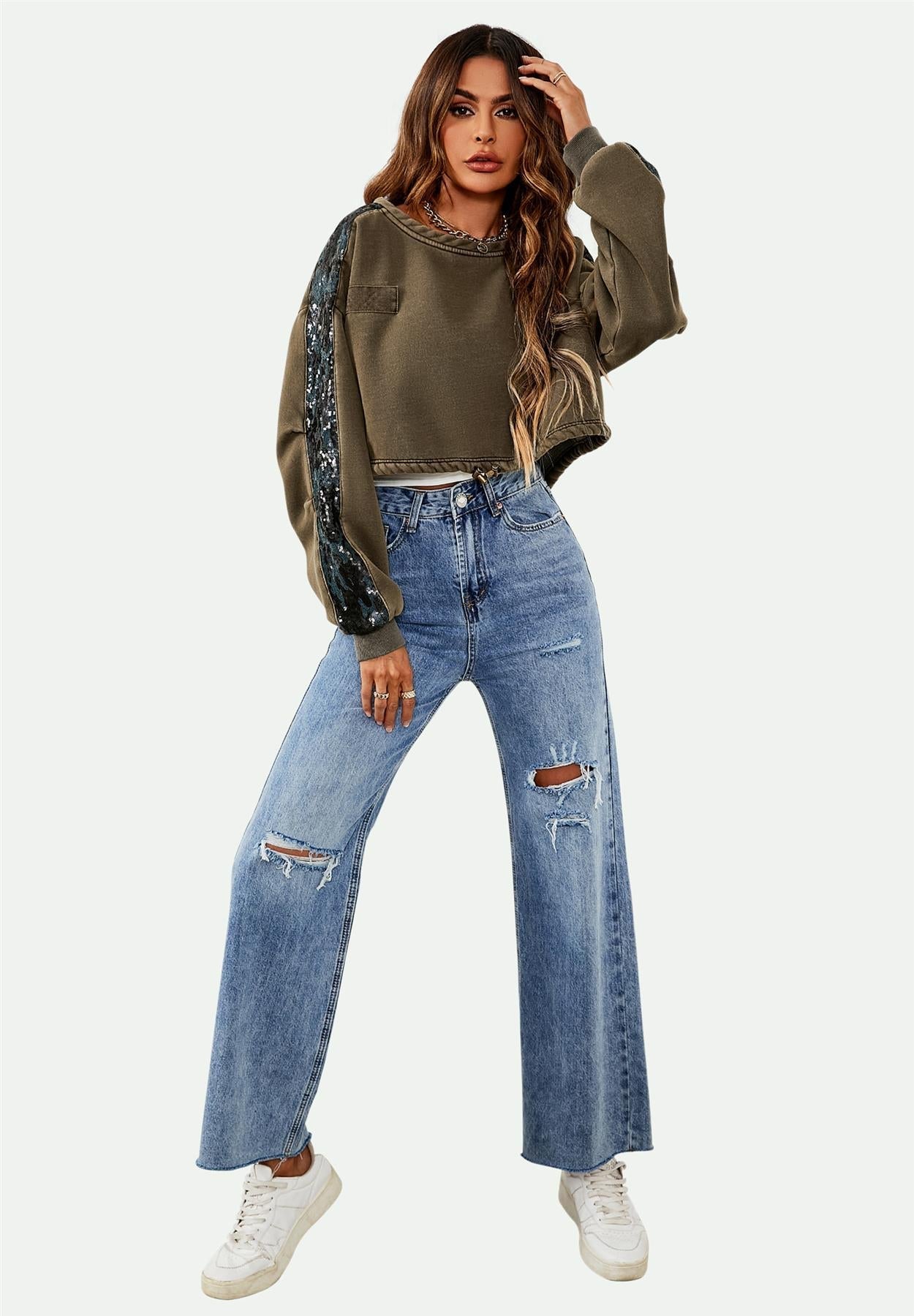 Oversized Sequin Detail Cropped Sweatshirt In Khaki - AXON