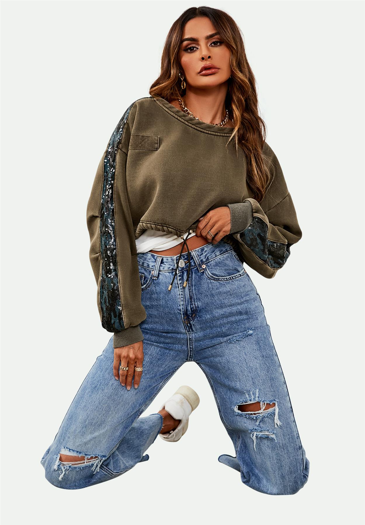 Oversized Sequin Detail Cropped Sweatshirt In Khaki - AXON