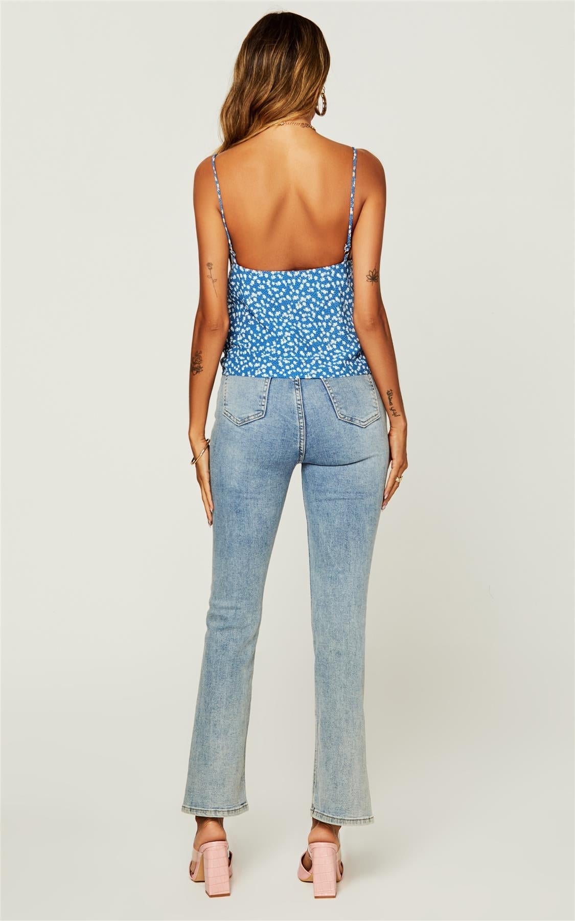 Peaty Summer Floral Print Cowl Neck Cami Top in Blue - AXON