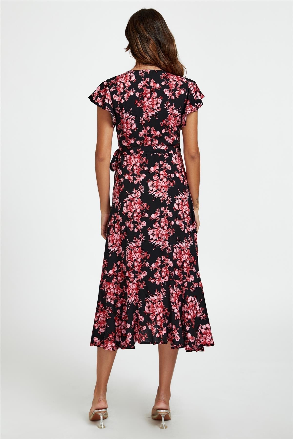 Pink Floral Frill Sleeve Midi Wrap Dress In Black - AXON