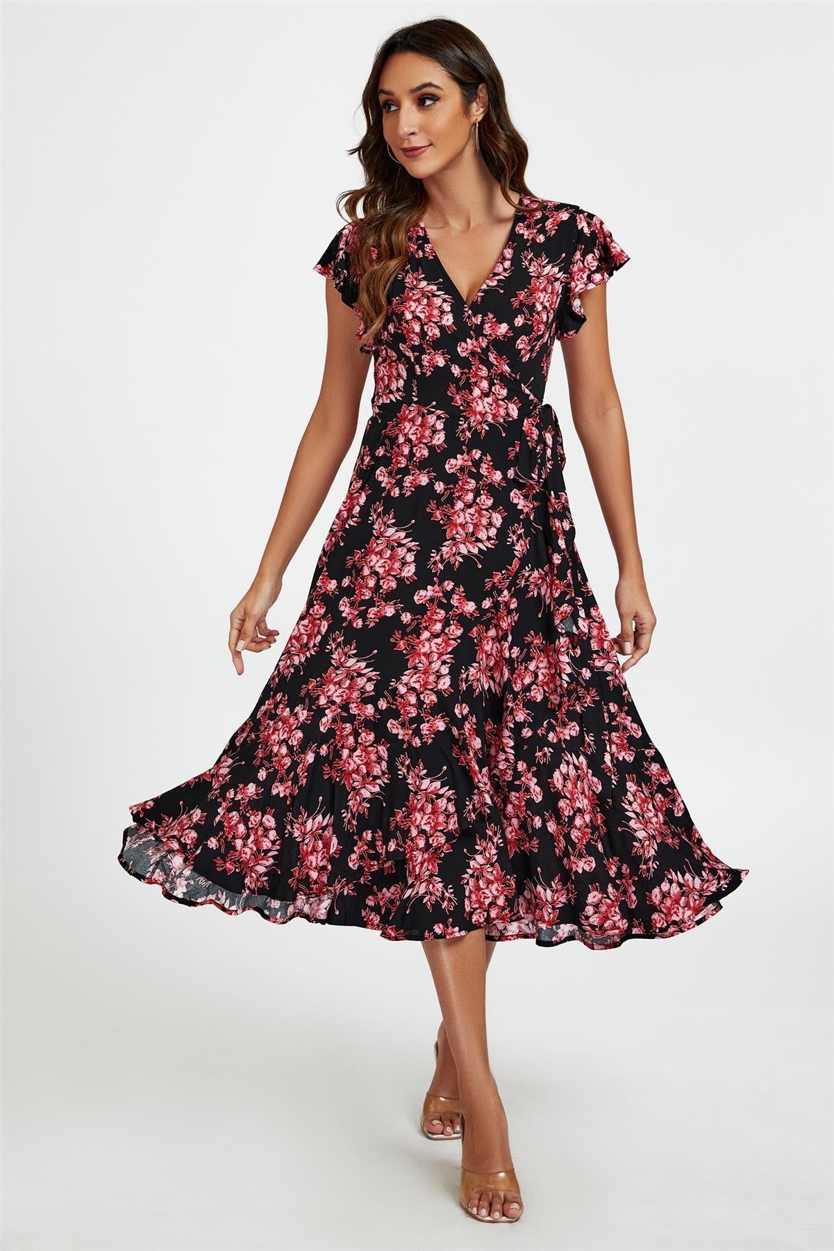 Pink Floral Frill Sleeve Midi Wrap Dress In Black - AXON