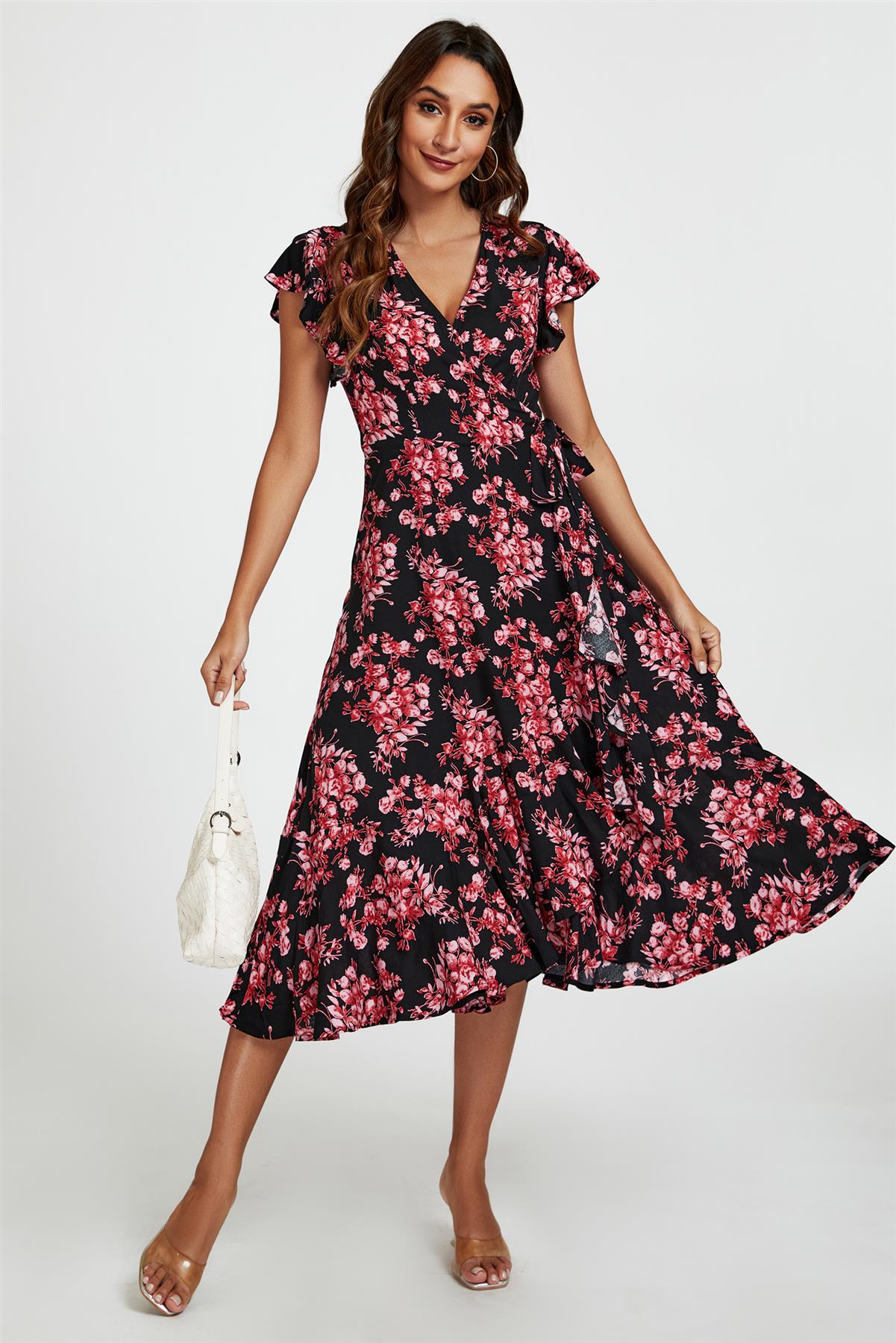 Pink Floral Frill Sleeve Midi Wrap Dress In Black - AXON