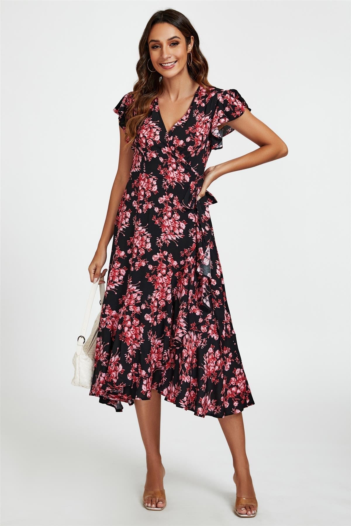 Pink Floral Frill Sleeve Midi Wrap Dress In Black - AXON