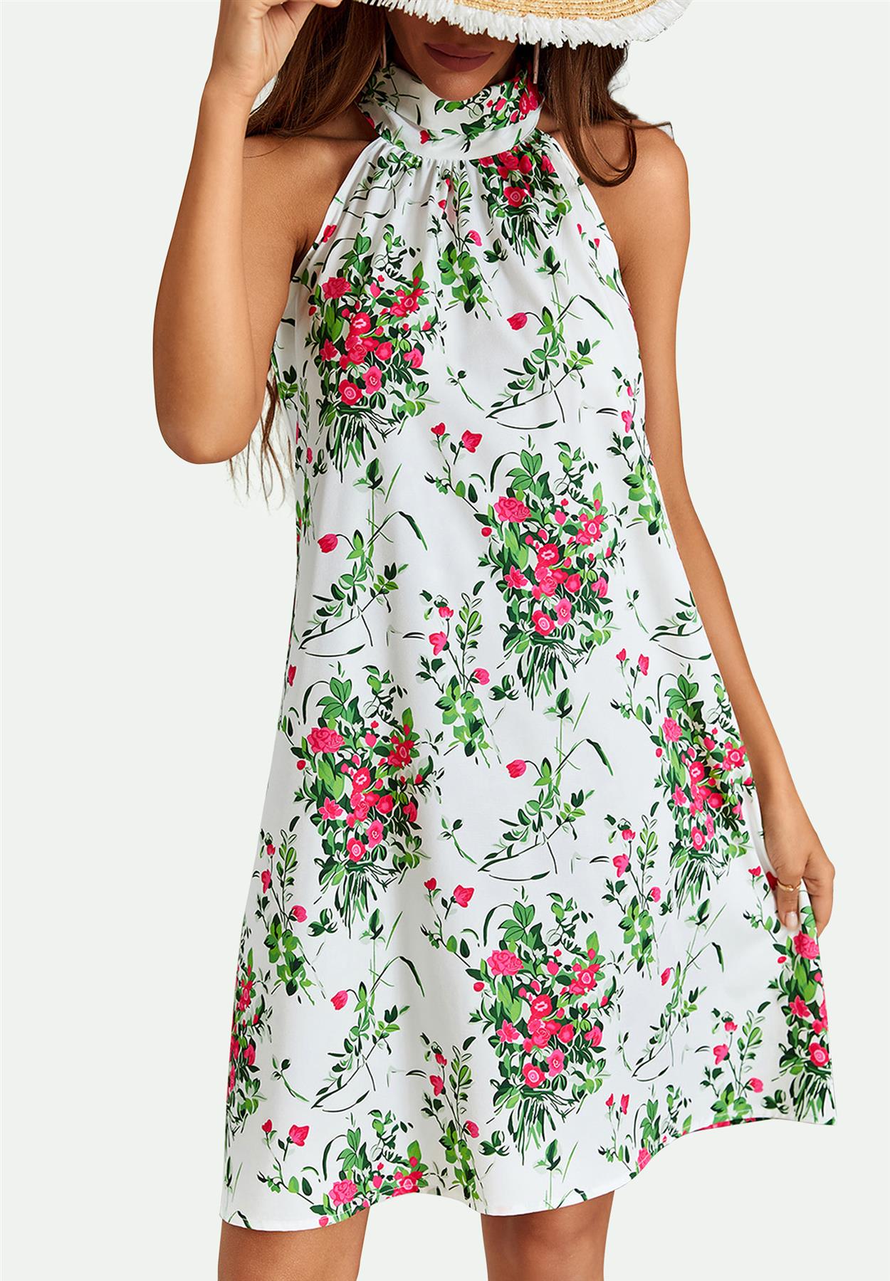 Pink Floral Print Halter Neck Tie Back Mini Dress In White - AXON