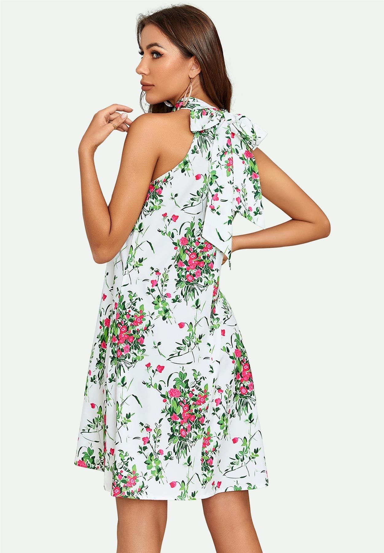 Pink Floral Print Halter Neck Tie Back Mini Dress In White - AXON