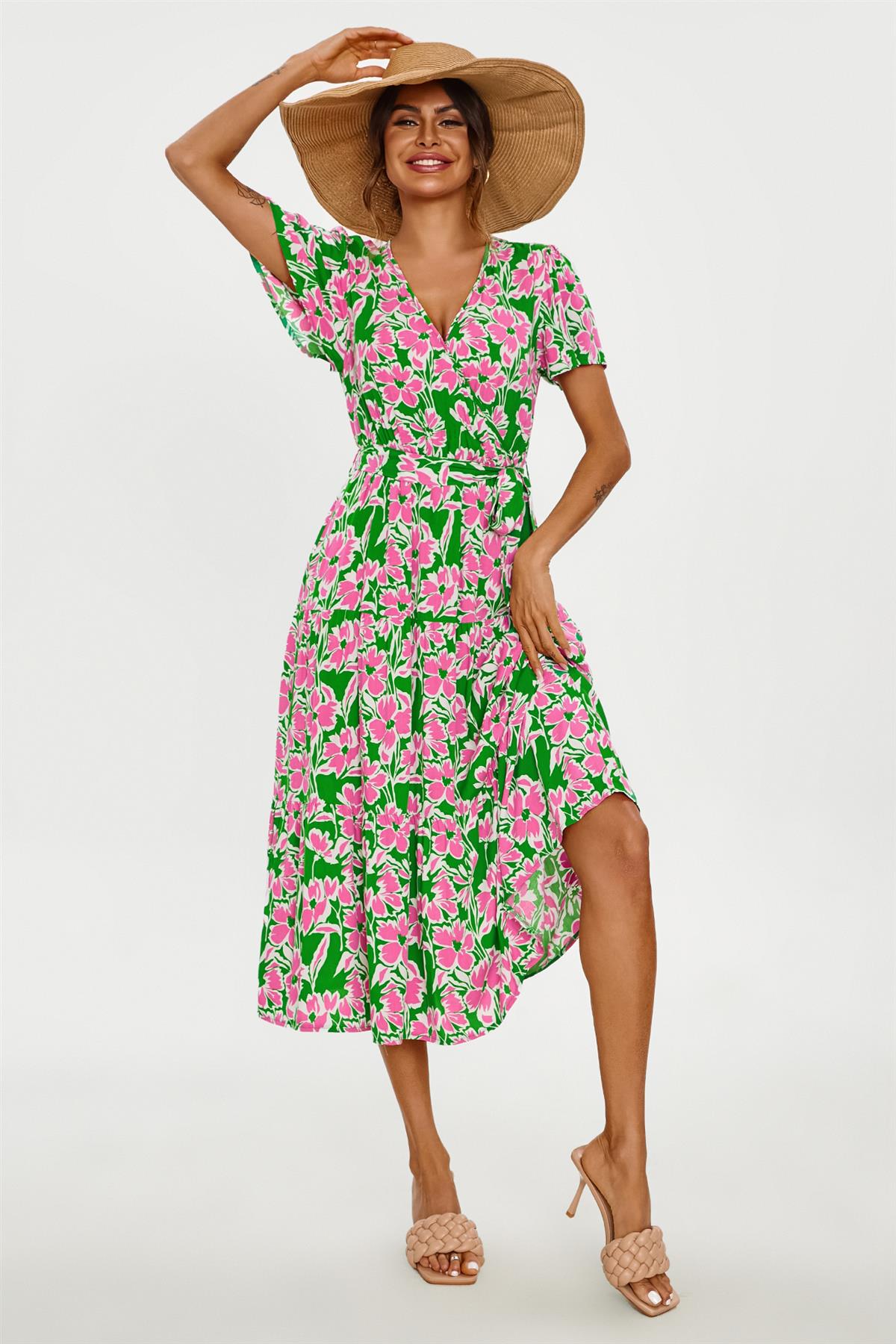 Pink Floral Print Hem Tiered Wrap Midi Dress In Green - AXON