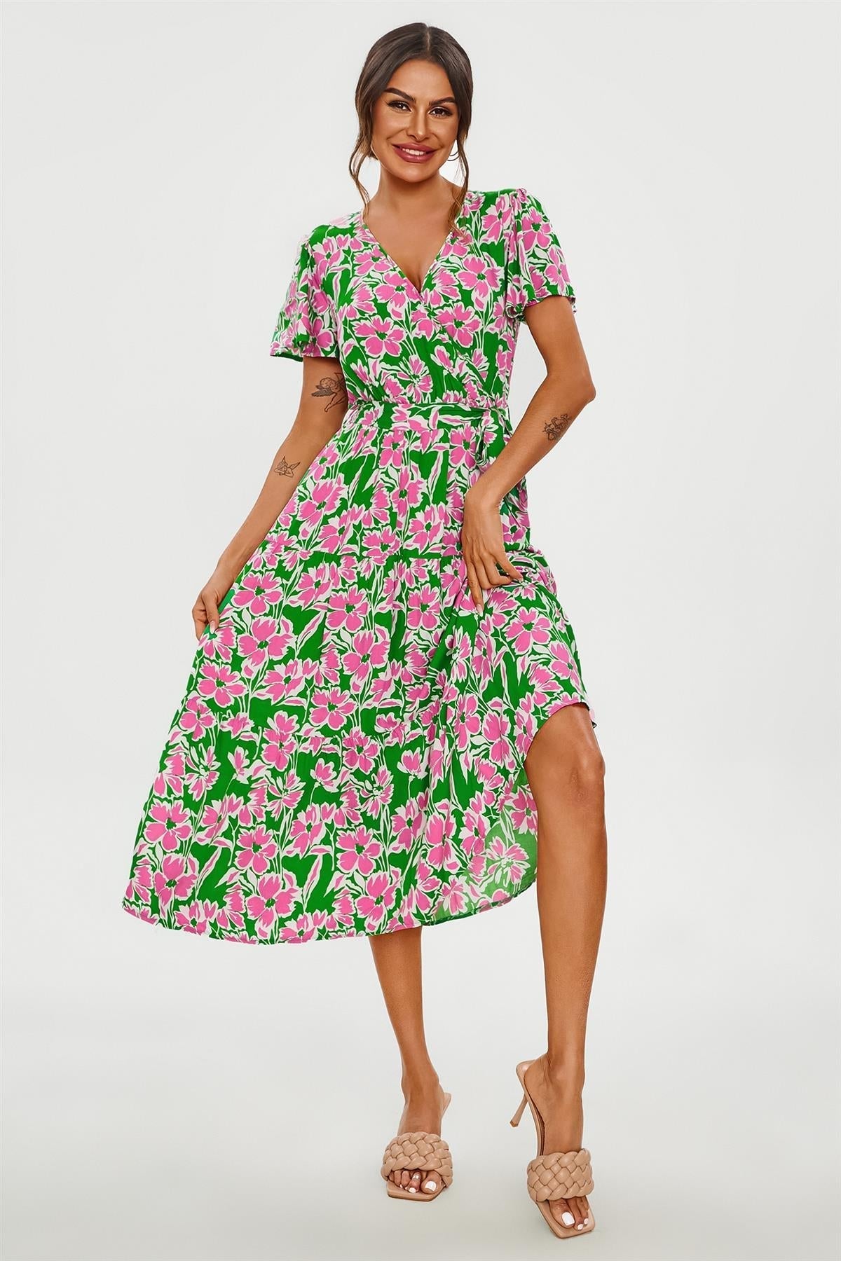 Pink Floral Print Hem Tiered Wrap Midi Dress In Green - AXON