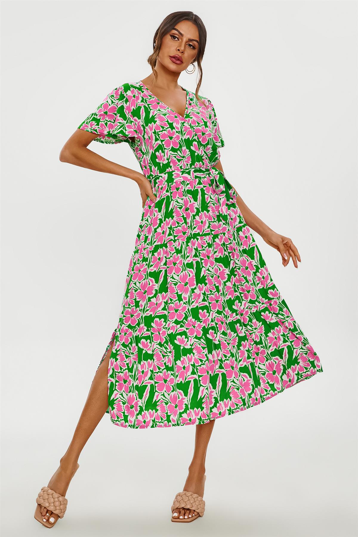 Pink Floral Print Hem Tiered Wrap Midi Dress In Green - AXON