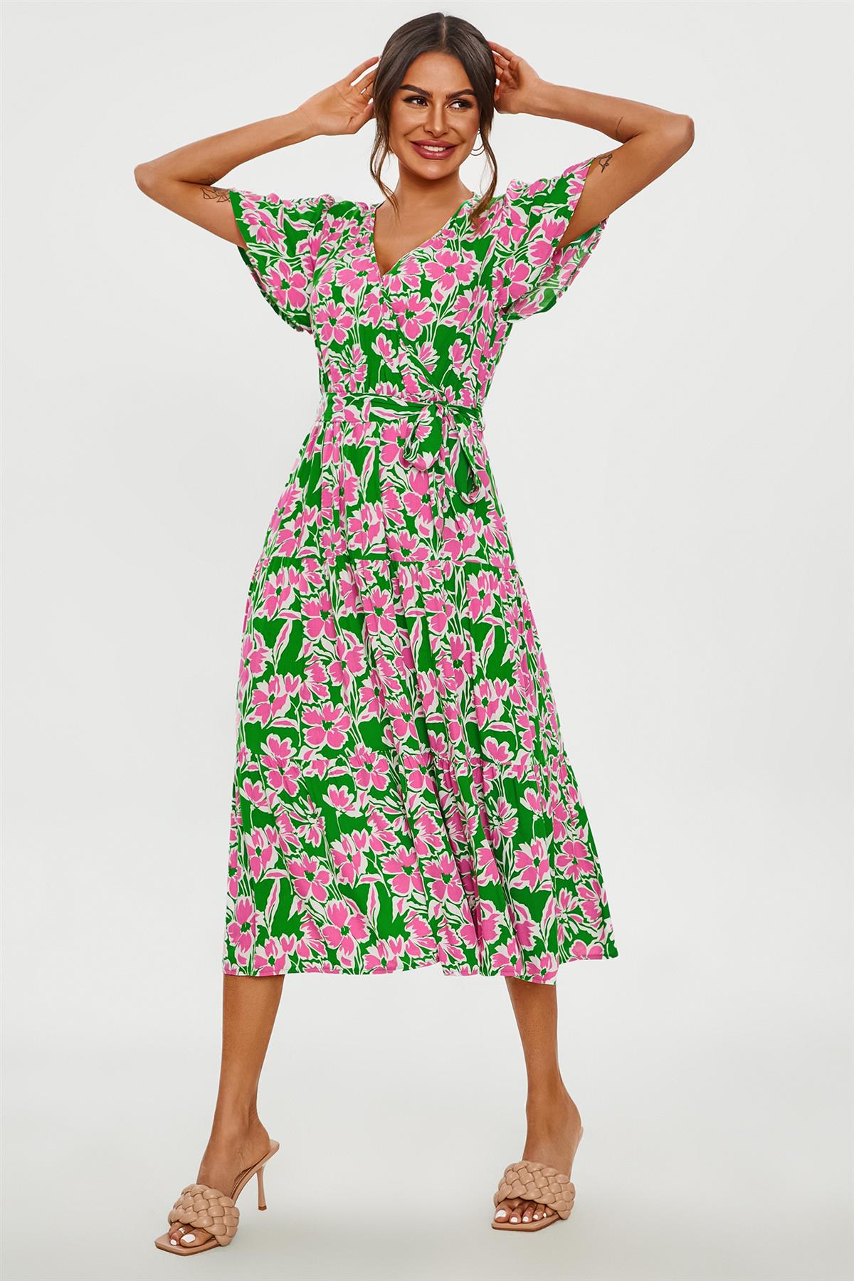 Pink Floral Print Hem Tiered Wrap Midi Dress In Green - AXON