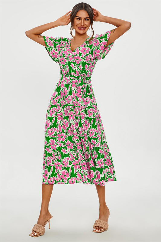 Pink Floral Print Hem Tiered Wrap Midi Dress In Green - AXON