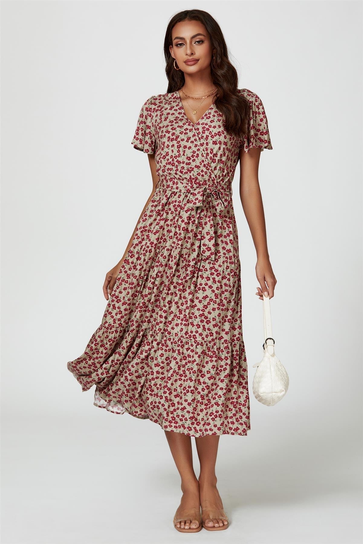 Pink Floral Print Wrap Midi Dress In Beige - AXON