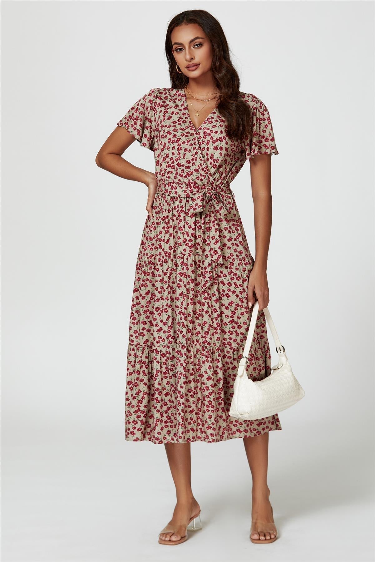 Pink Floral Print Wrap Midi Dress In Beige - AXON