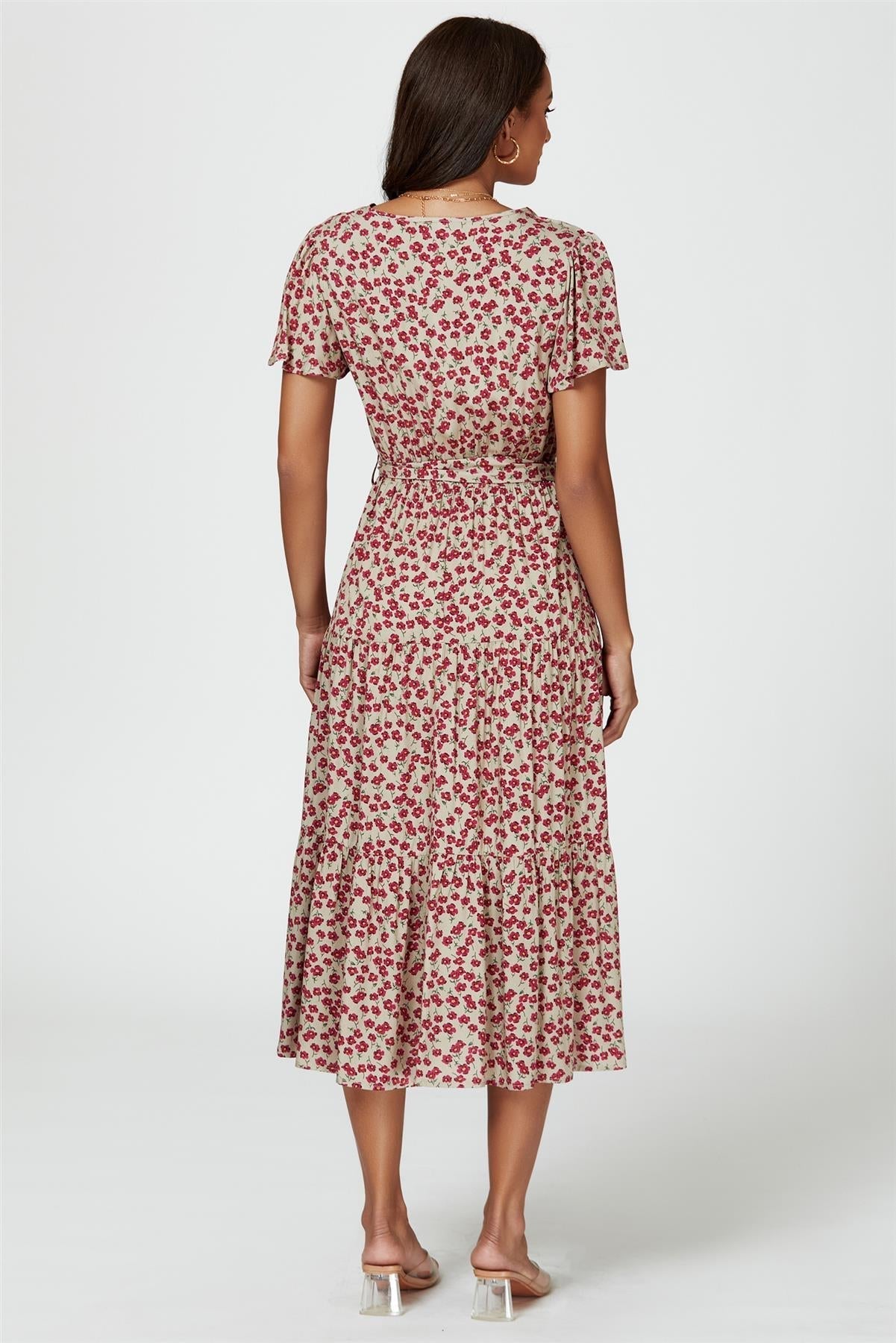 Pink Floral Print Wrap Midi Dress In Beige - AXON