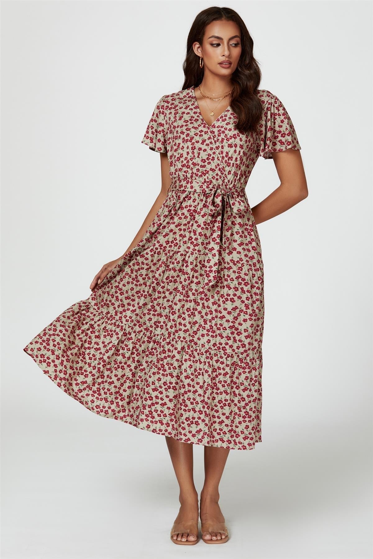 Pink Floral Print Wrap Midi Dress In Beige - AXON