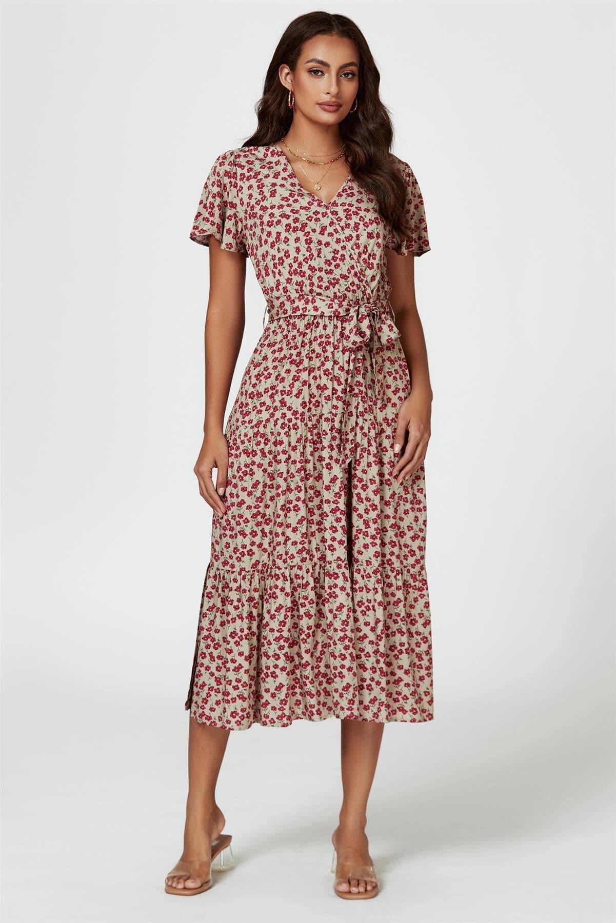 Pink Floral Print Wrap Midi Dress In Beige - AXON
