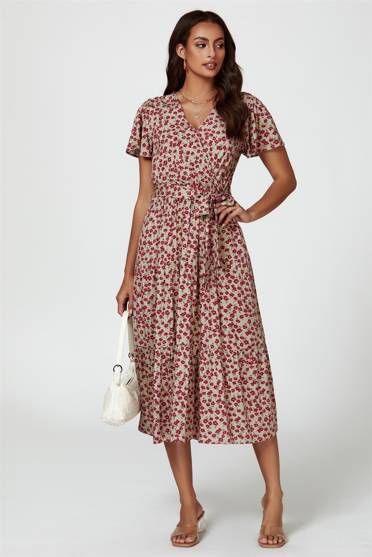 Pink Floral Print Wrap Midi Dress In Beige - AXON