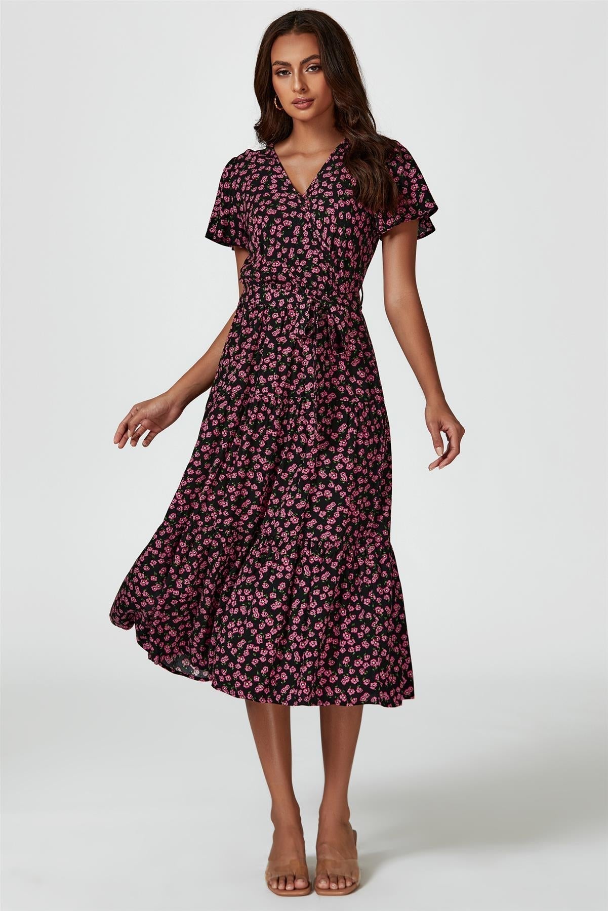 Pink Floral Print Wrap Midi Dress In Black - AXON