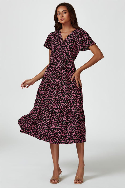 Pink Floral Print Wrap Midi Dress In Black - AXON