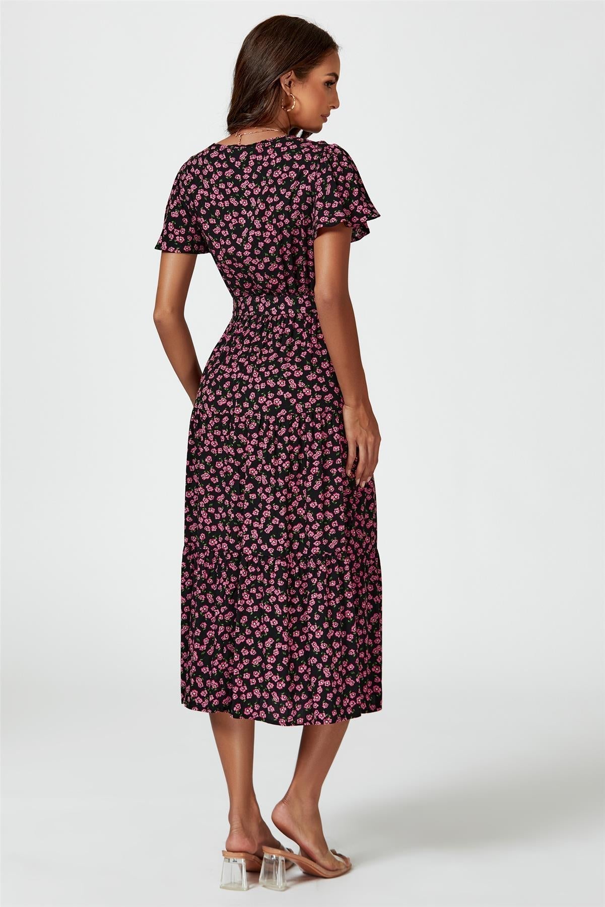 Pink Floral Print Wrap Midi Dress In Black - AXON