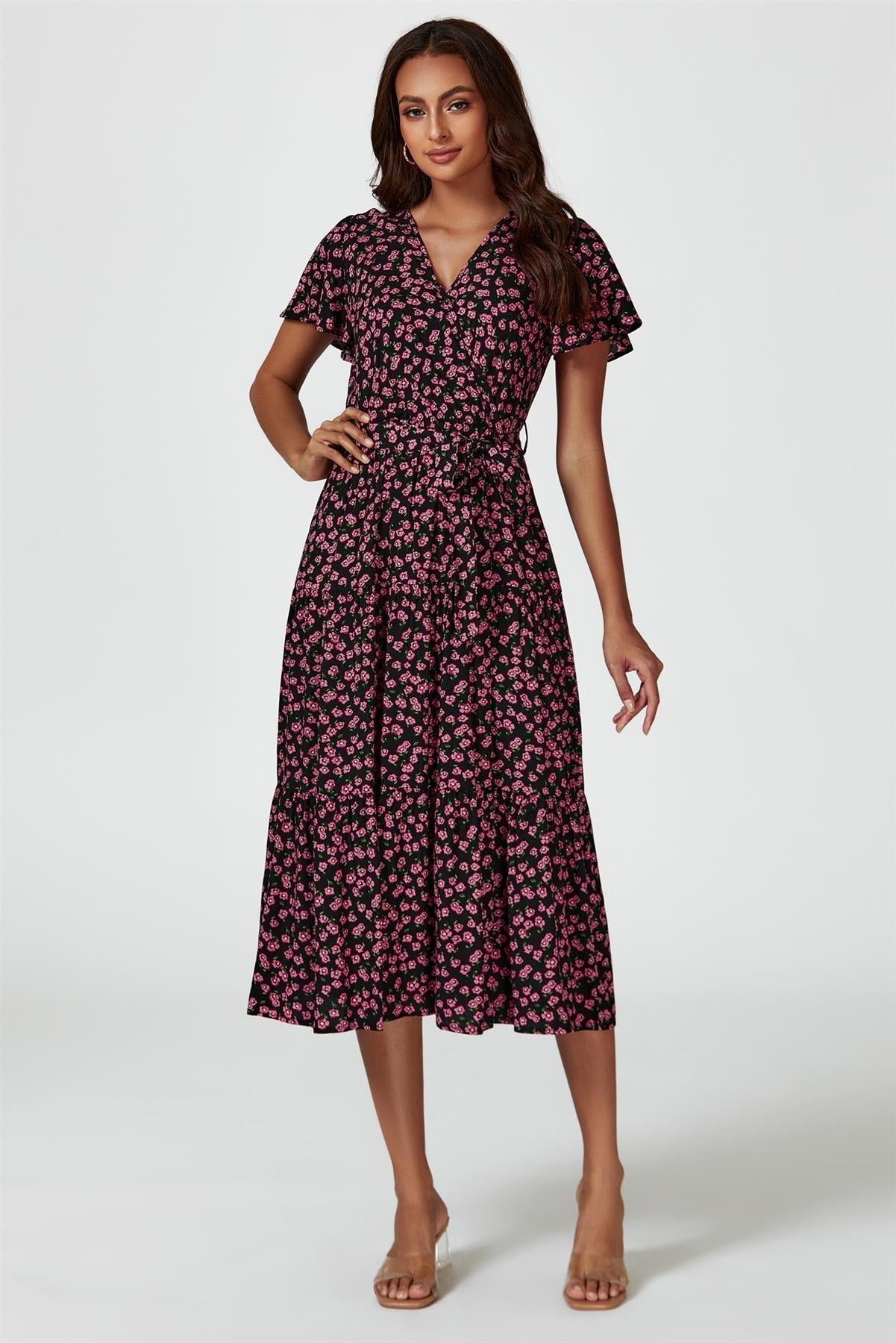 Pink Floral Print Wrap Midi Dress In Black - AXON