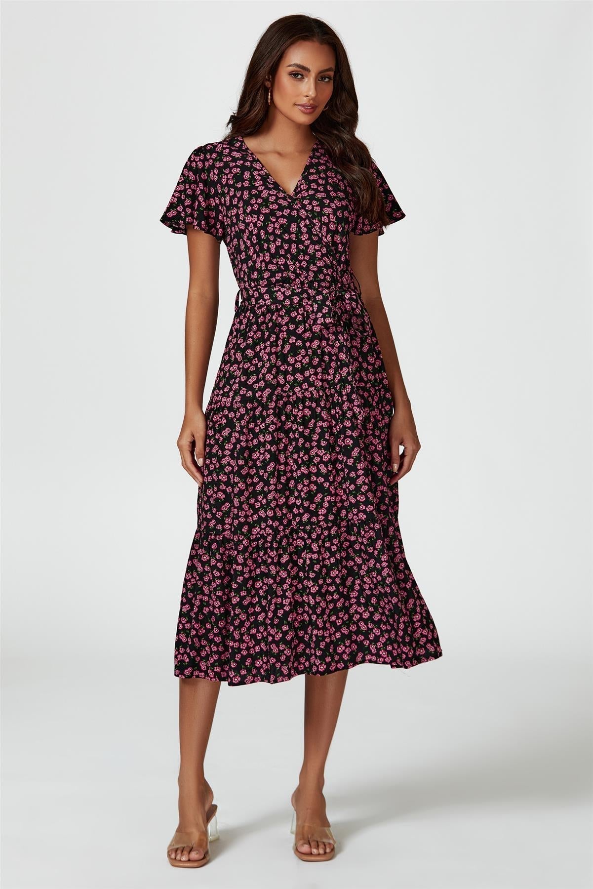 Pink Floral Print Wrap Midi Dress In Black - AXON