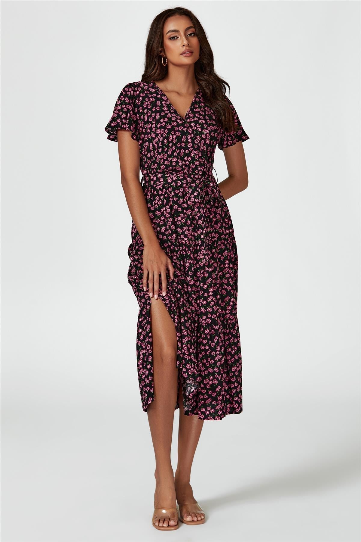 Pink Floral Print Wrap Midi Dress In Black - AXON