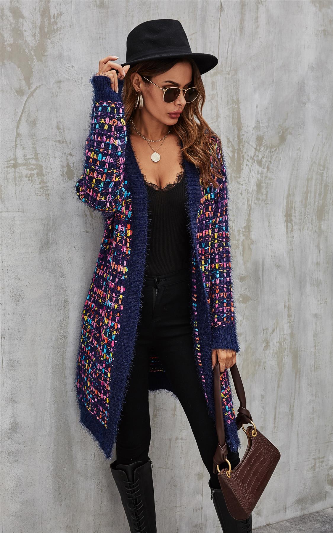 Pink mix Multi colour Speckles Boucle Check Cardigan In Navy - AXON