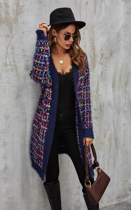 Pink mix Multi colour Speckles Boucle Check Cardigan In Navy - AXON
