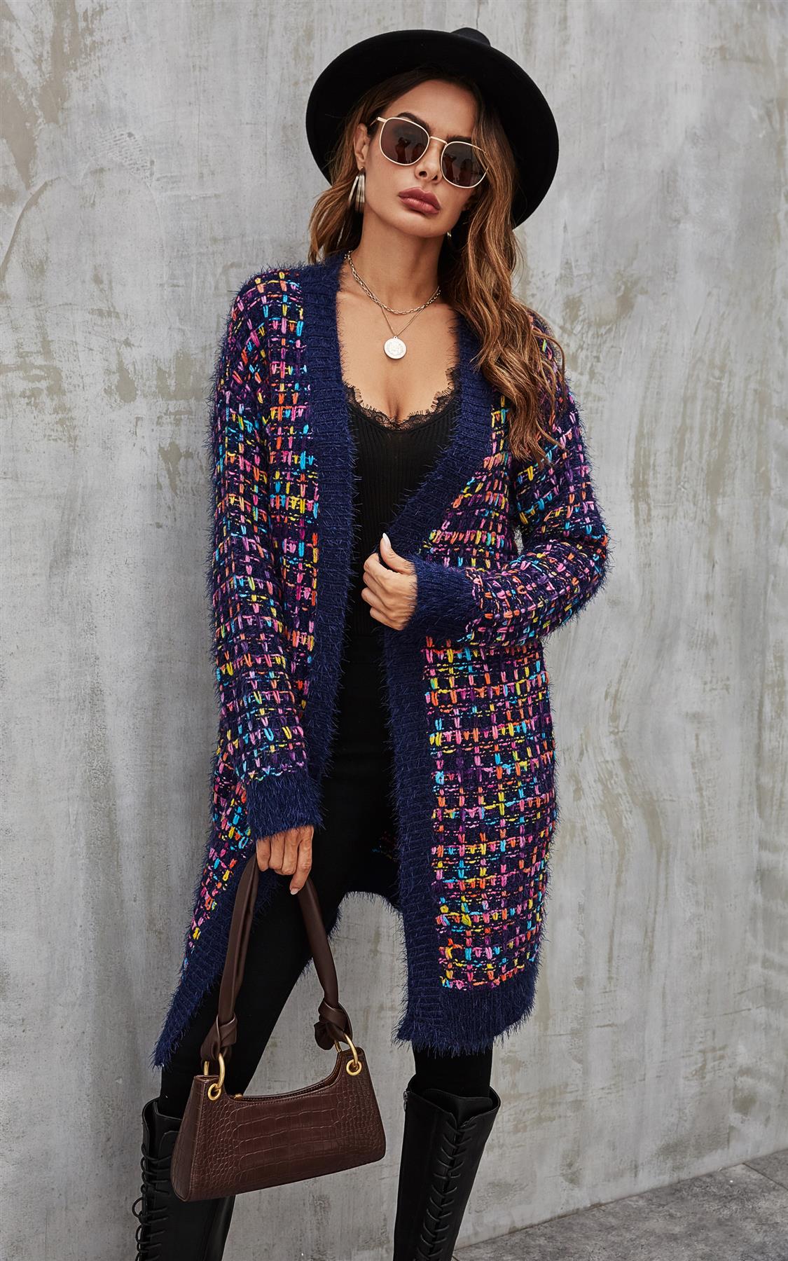 Pink mix Multi colour Speckles Boucle Check Cardigan In Navy - AXON
