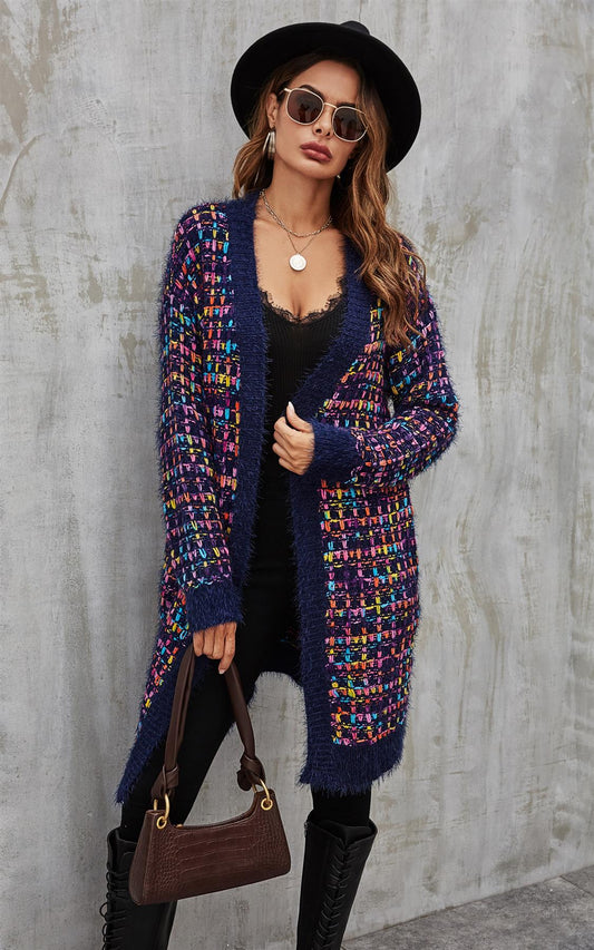 Pink mix Multi colour Speckles Boucle Check Cardigan In Navy - AXON