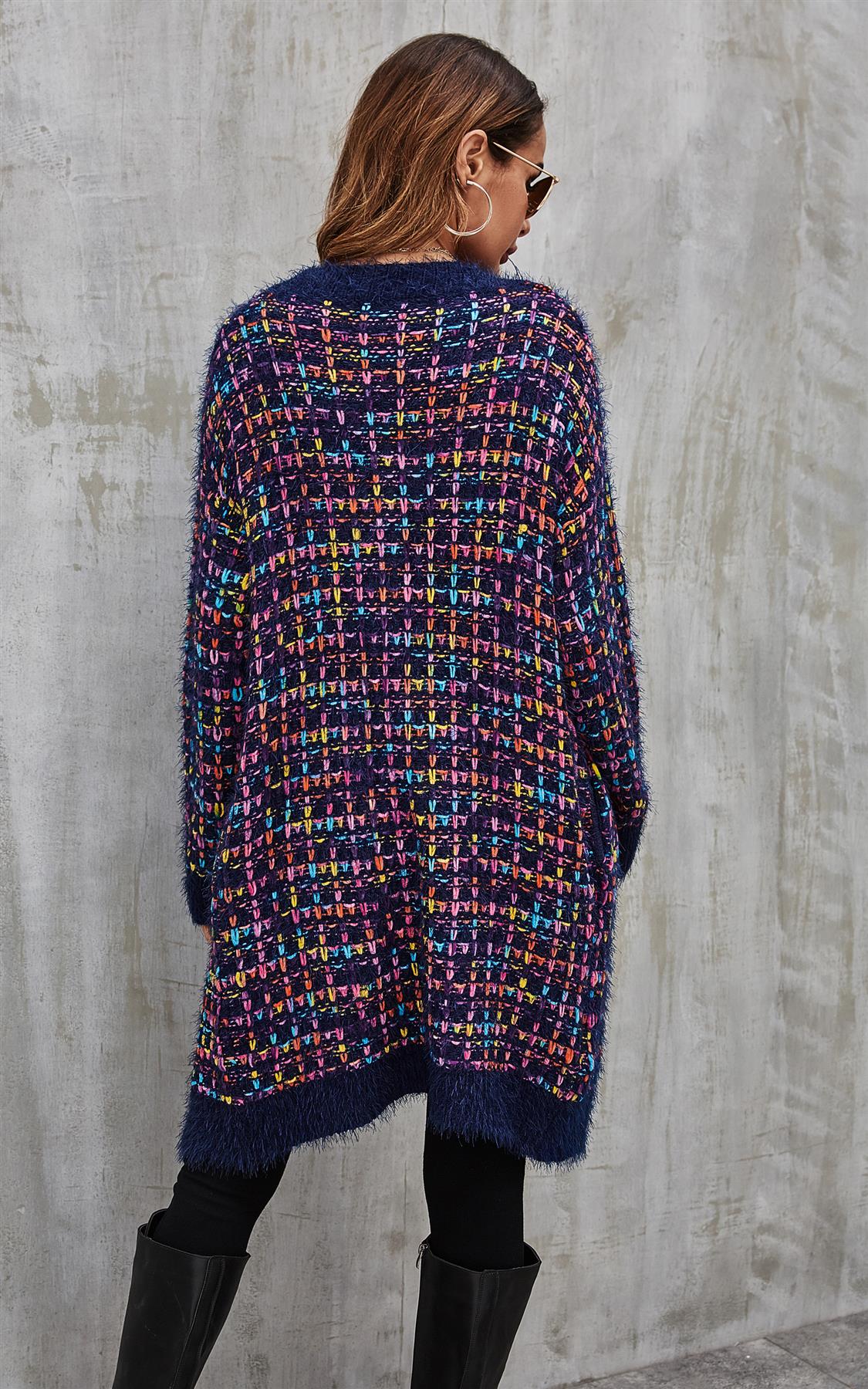 Pink mix Multi colour Speckles Boucle Check Cardigan In Navy - AXON