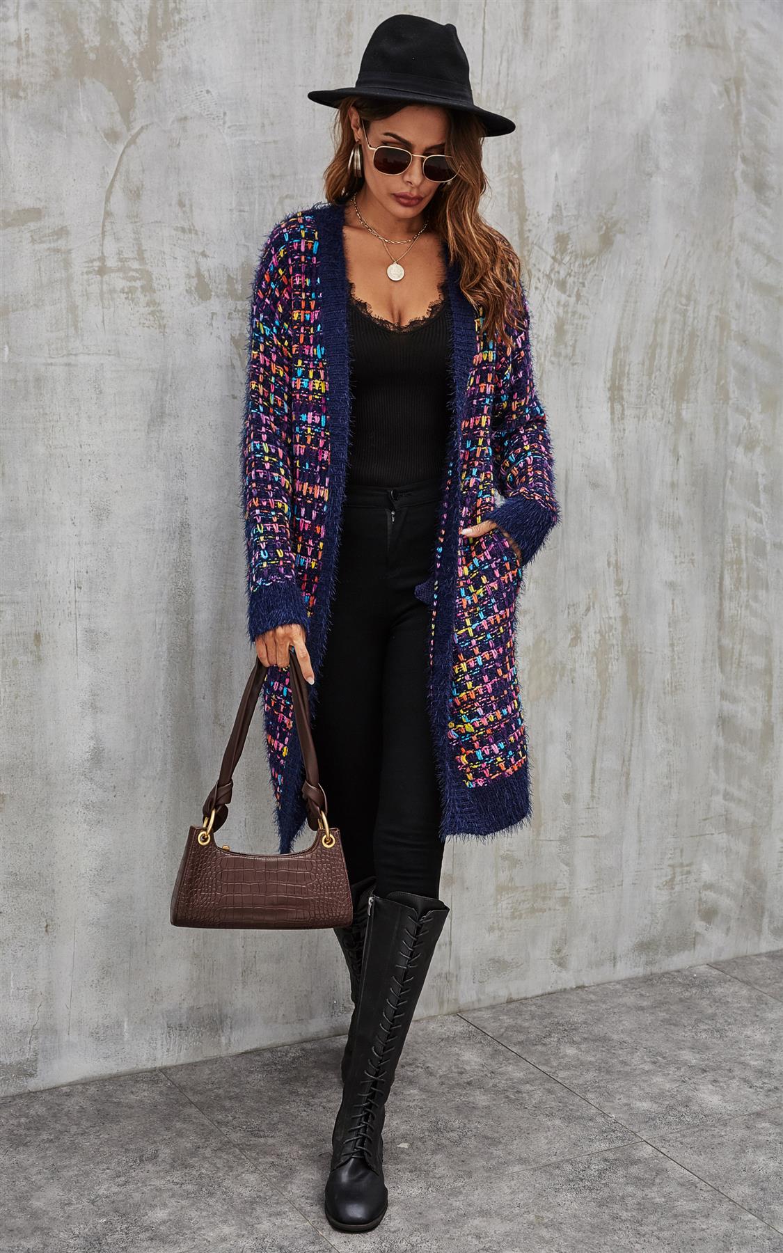 Pink mix Multi colour Speckles Boucle Check Cardigan In Navy - AXON