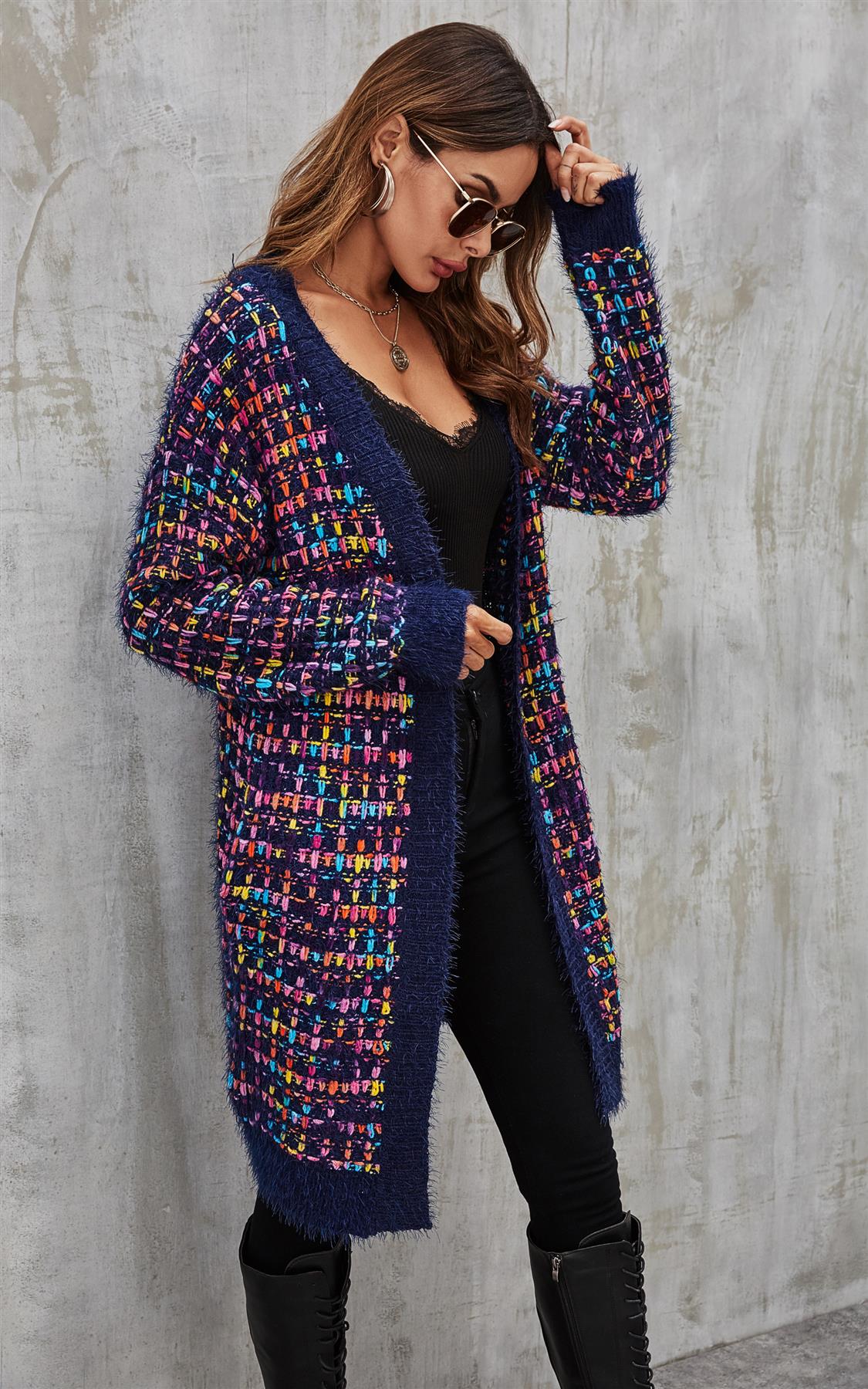 Pink mix Multi colour Speckles Boucle Check Cardigan In Navy - AXON