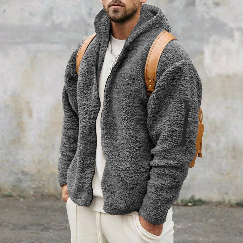 Plush Hooded Jacket Men's Autumn And Winter Fleece Double - sided Wear Warm Coat With Zipper Loose Casual Jacket Outdoor Clothing - AXON