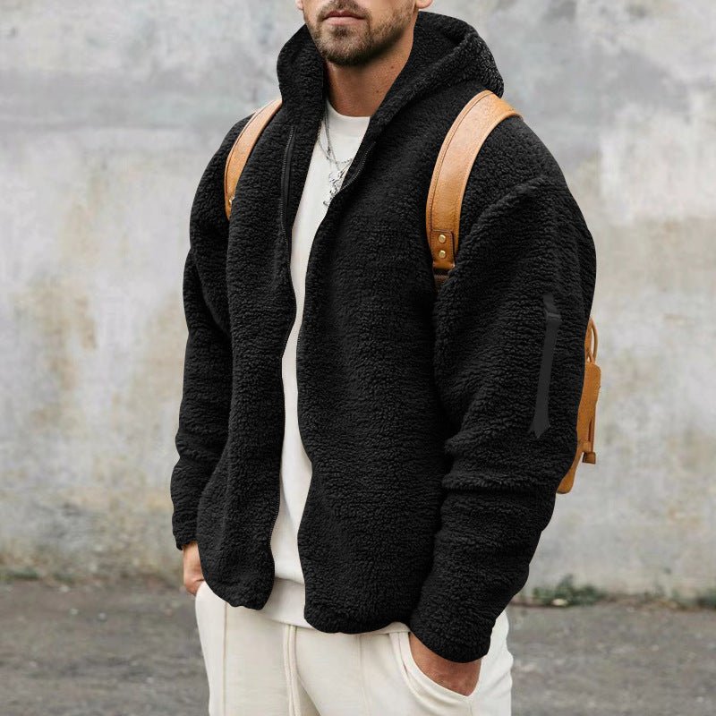 Plush Hooded Jacket Men's Autumn And Winter Fleece Double - sided Wear Warm Coat With Zipper Loose Casual Jacket Outdoor Clothing - AXON