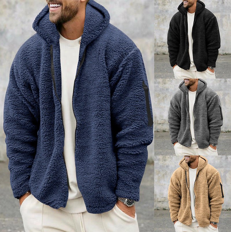 Plush Hooded Jacket Men's Autumn And Winter Fleece Double - sided Wear Warm Coat With Zipper Loose Casual Jacket Outdoor Clothing - AXON