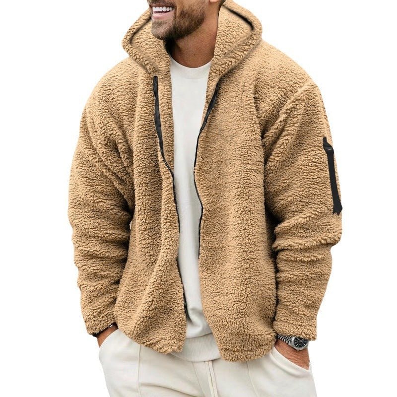 Plush Hooded Jacket Men's Autumn And Winter Fleece Double - sided Wear Warm Coat With Zipper Loose Casual Jacket Outdoor Clothing - AXON
