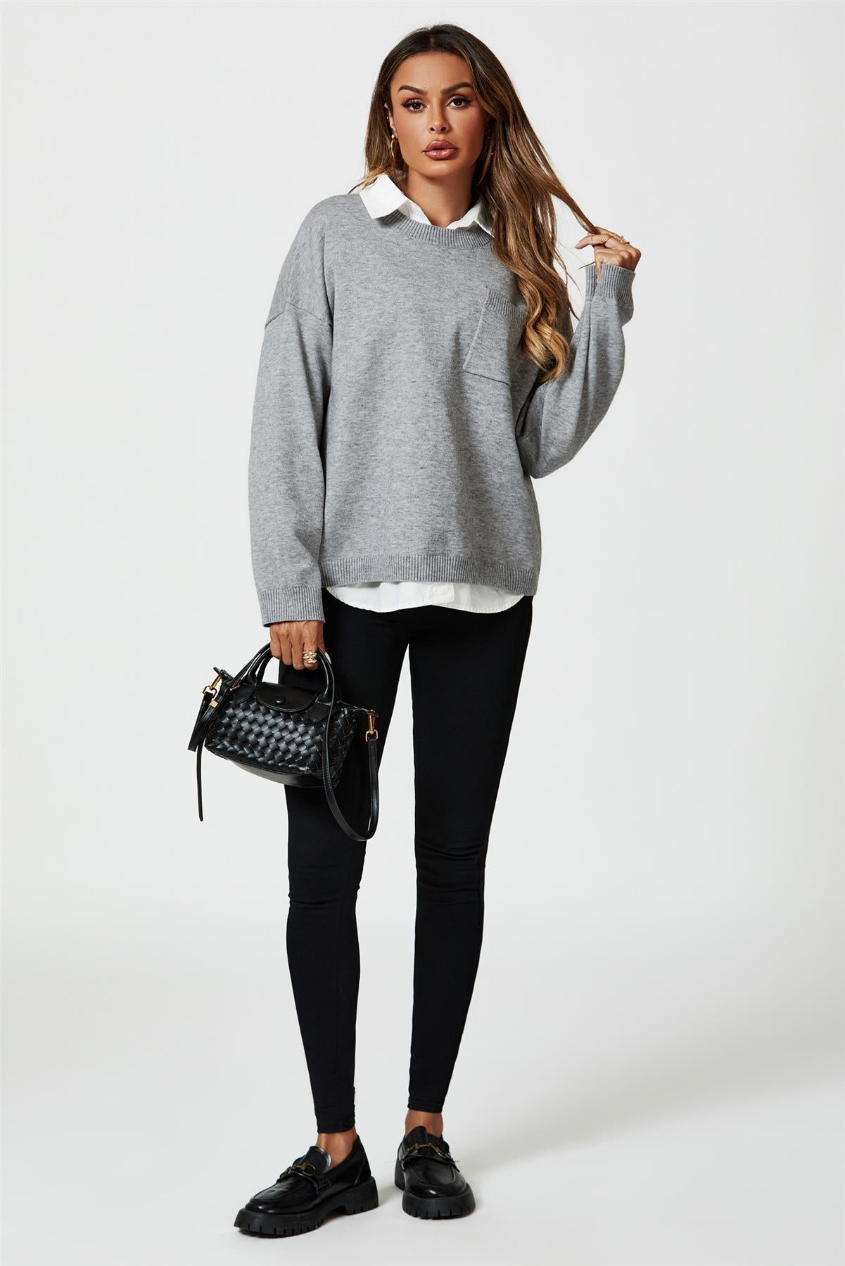 Pocket Detail Knitted Jumper In Grey - AXON